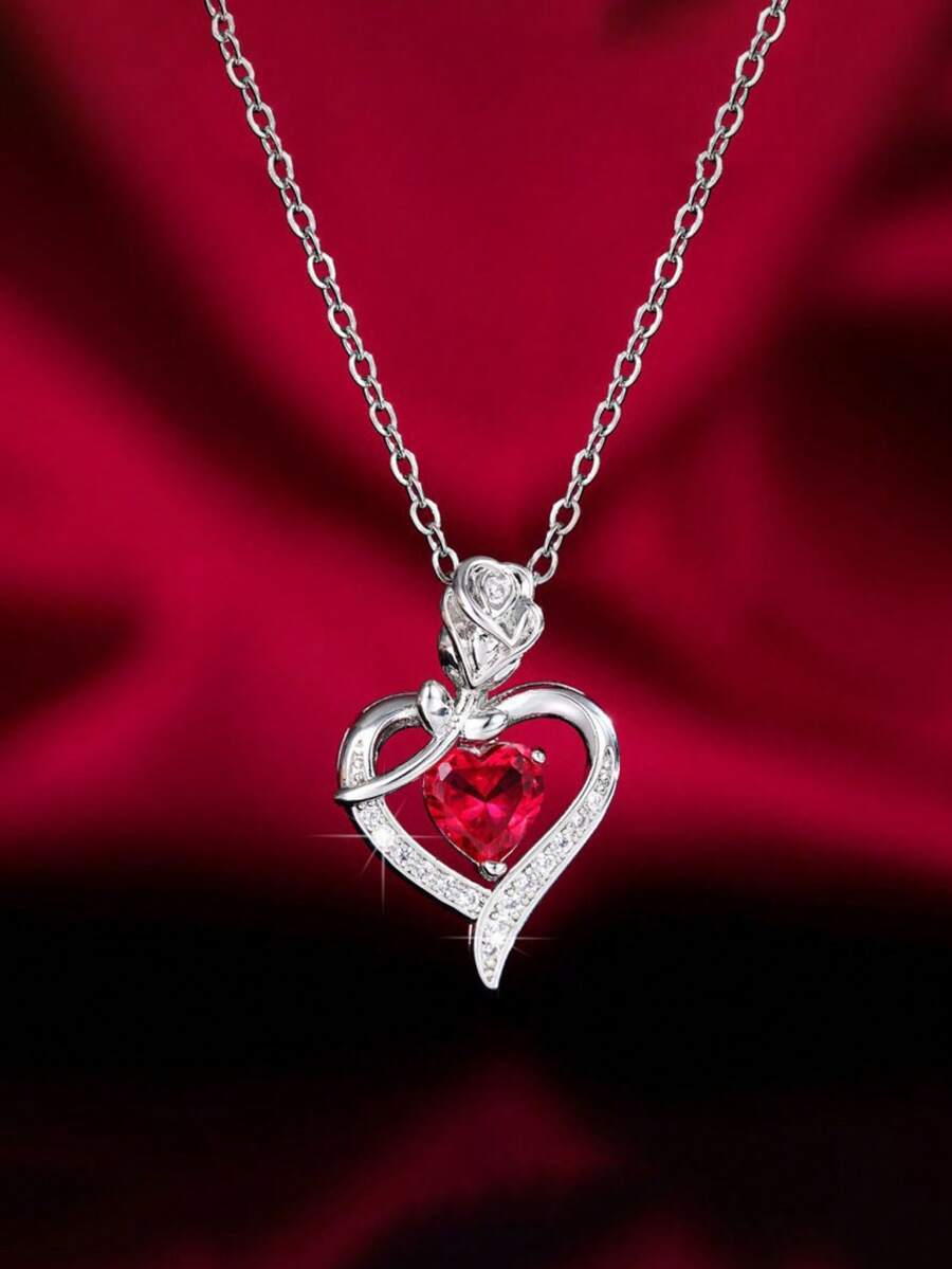 A Luxurious Ladies' Love Pendant - Rose Set With Red Rhinestones, Is The Perfect Gift For Girlfriends. - Rose Heart - View 1