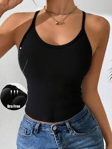 1pc Women Casual Comfortable Minimalist Camisole With Padded Bust, Slim Fit Ribbed Sleeveless Vest, Thin Backless Undershirt - Black - View 2