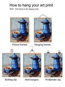 1 pièce Impression murale de cafetière arabe sans cadre, affiche en céramique bleue du Moyen-Orient, décoration de cuisine moderne, illustration de bar à café - Multicolore - Voir 4