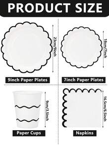 10pcs/50pcs/80pcs White And Black Wavy Edge Paper Plates, Paper Cups, Paper Napkins Set, Black Party Supplies Including Wavy Edge Plates, Serving Trays, Decorative Napkins, Cups, Suitable For Wedding, Birthday, Holiday Party - Black Lace - View 2