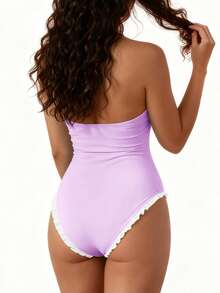 Women's Halter Neck Monokini Swimsuits Fashionable Dot Print Sleeveless Ruffle Bathing Suit - 紫羅蘭 - 查看 7