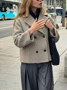 Plus Size Women's Casual Elegant Solid Color Pocket Double Button Wool Blend Overcoat, Long Sleeve Overcoat For Outings, Dates, Daily Wear, Airport, Autumn/Winter - Apricot - View 4