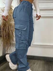 Foggy Blue Multi-Pocket Buttoned Casual Y2K Leisure Elegant And Cute Work Pants. Suitable For Back-To-School, Clubs, Birthday Parties, Halloween, New Year, Thanksgiving, Concerts, Gyms, Beaches, Vacations, Business, Daily Airport Wear, Street Style, Teacher's Day, Spring, Summer, Autumn And Winter.