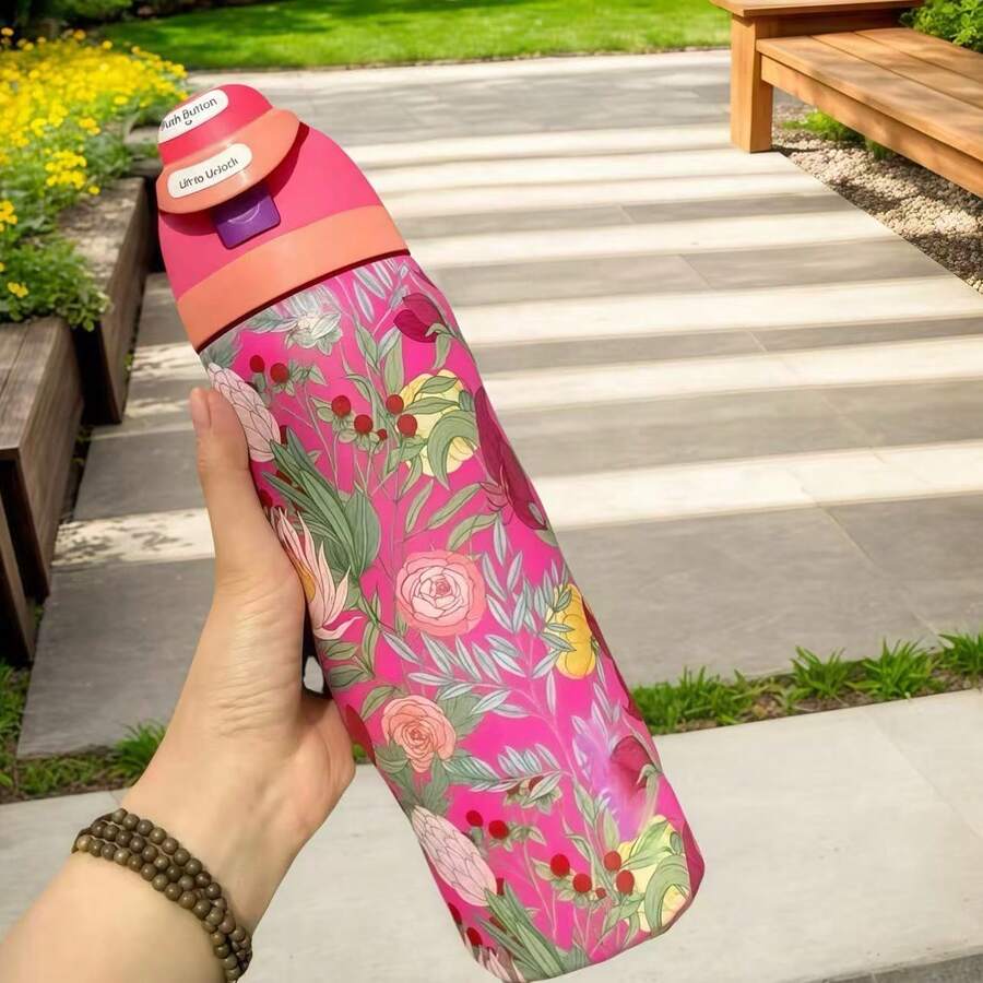 32oz This Insulated Stainless Steel Water Bottle Features A Double-Walled Design, A Straw, And A Handle. It's A Vacuum-Insulated Bottle, Suitable For School, Office, Outdoor Activities, Sports, And Travel. A Variety Of Different Floral Designs Are Available For You To Choose From. - 桃紅 - 查看 1