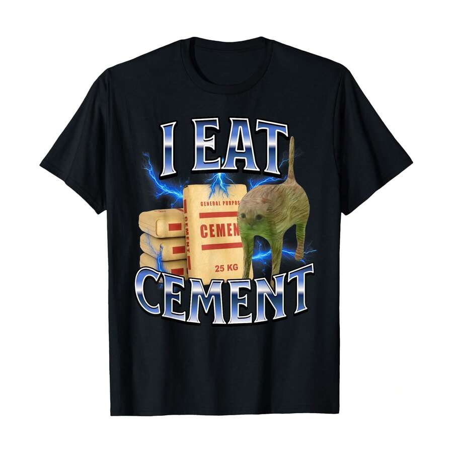 I Eat Cement Cursed Cat Funny Oddly Specific Meme T-Shirt, Men's 100% Cotton Basic Tee - Soft & Breathable, Everyday/Active Essential - 黑色 - 查看 1