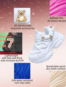 女士7厘米增高户外休闲运动鞋，时尚3D可拆卸装饰，包括金色星星和小熊，四季皆宜，EVA厚底，系带，白色高跟，轻便柔软减震防滑透气网布凉鞋，适合大学生、青少年、日常穿着、约会、健身、办公等场合，厚底运动鞋 - 白色 - 查看 5