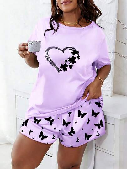 Plus Size Casual 2-Piece Set, Women's Plus Size Eye & Slogan Print Round Neck Drop Shoulder T-Shirt And Shorts Loungewear