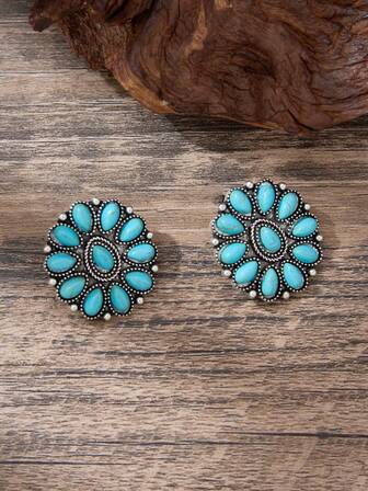 LUMIDIYA 一对复古银色西部蓝绿松石装饰耳钉，牛仔风格耳钉，女士礼物