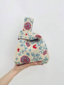 lulu kewen 女款迷你手提包，花卉圖案鉤針編織包，時尚背心式托特包，輕量透氣，可折疊，度假包，沙灘包，手提包 - 米色 - 查看 9