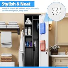 72" H Broom Closet Storage Cabinet Metal Garage Storage Cabinet With Wheels Pegboard Locking Door And Hooks For Garage Home Utility Cleaning Cabinet For Broom And Mops Black And White - BlackandWhite - View 4