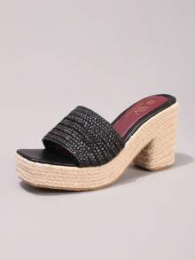 麻绳坡跟凉鞋，露趾绑带，夏季度假休闲高跟防水一脚蹬拖鞋，日常时尚女鞋 - 黑色 - 查看 16