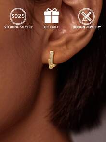 1pc 925 Sterling Silver Women's Silver/Gold Dual-Tone Fully Paved Cubic Zirconia Geometric Hoop Earrings (Sparkling Geometric Style), Gift Box, Suitable For Daily Wear And Holidays - Gold - View 6