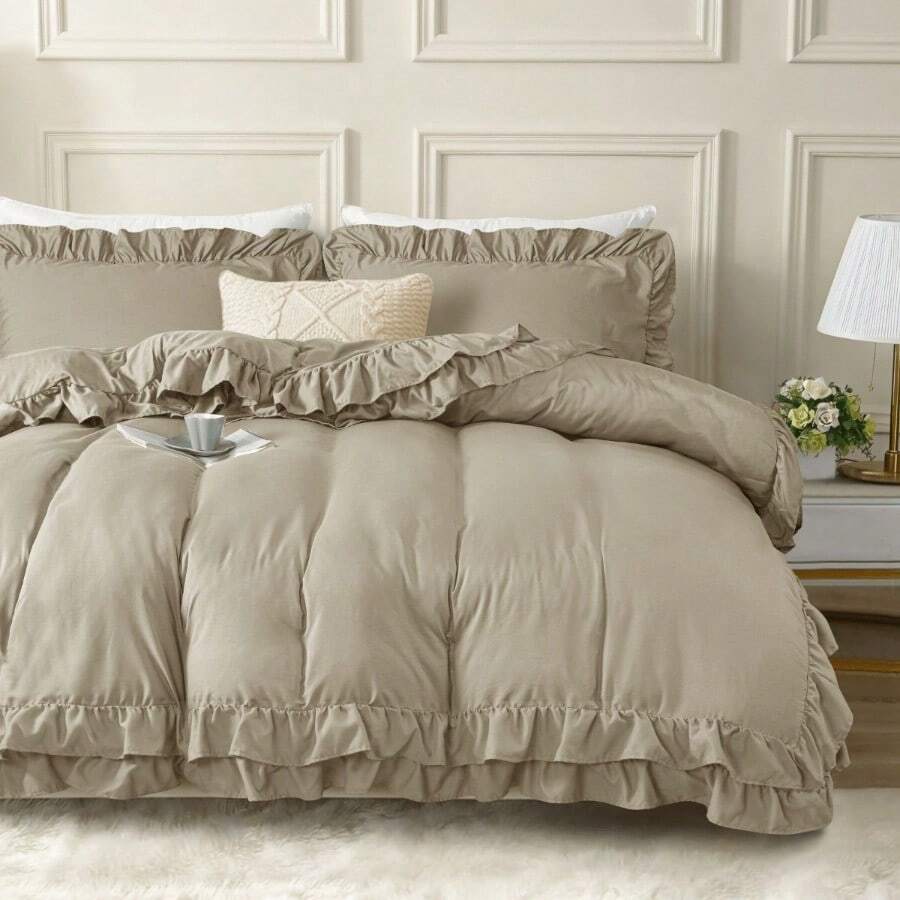 3-Piece Ruffle Frilled Duvet Cover Set – Comfortable Bedding Set With Pillowcases, Secure Button Closure, Elegant Layered Ruffle Design Quilt Cover For Bedroom And Guest Room - Beige - View 1
