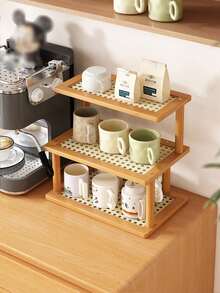 1件装三层竹制厨房收纳架，多功能桌面杯架兼茶叶架，餐厅储物架，大容量调料架，餐具架，咖啡机及咖啡豆收纳架，瓶架，两种款式可选，防滴漏，透气防潮，适用于厨房、餐厅、咖啡厅、客厅桌面展示和收纳 - 彩色 - 查看 6