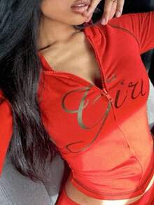 Women's Autumn Long Sleeve Hooded Sweatshirt Set, Zipper Design, "Girl" Letter Print, Comfortable Sweatpants, Suitable For Travel And Outdoor, Autumn Casual Outfit Spring Red - 紅色 - 查看 2