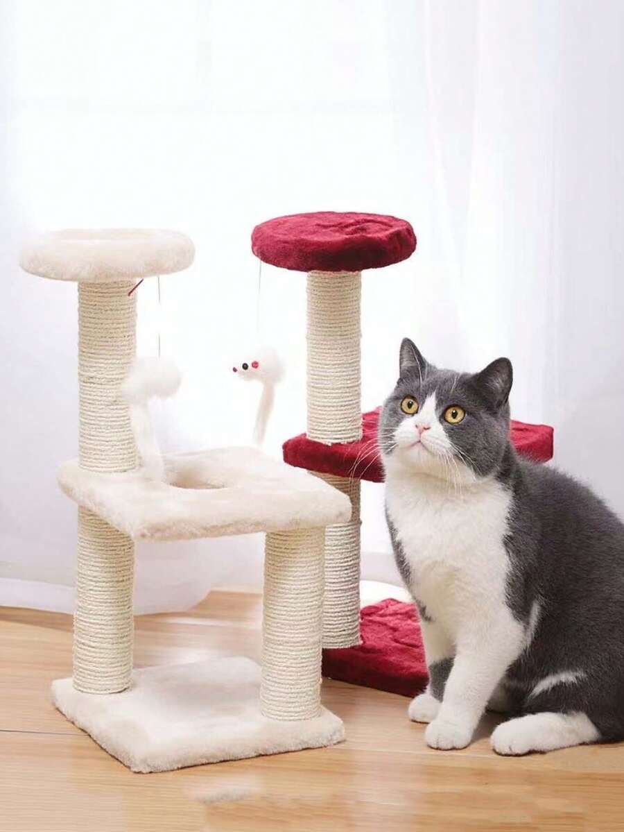 1pc 3-Tier Cat Tree, Linen Woven Pillar, Felt Base, Cat Claw Scratching Toy, Cat Climbing Tree House Frame, Interactive Cat Scratching Post With Hanging Mouse, Durable Cat Supplies - Multicolor - View 1