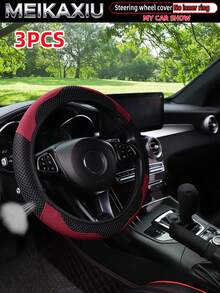 MEIKAXIU 3pcs/Set Mesh & PU Leather Patchwork Steering Wheel Cover, Handbrake Cover, Gear Shift Knob Cover Fit For 14.5-15 Inch Cars Decoration Accessories - Mesh Leather Sport - View 9