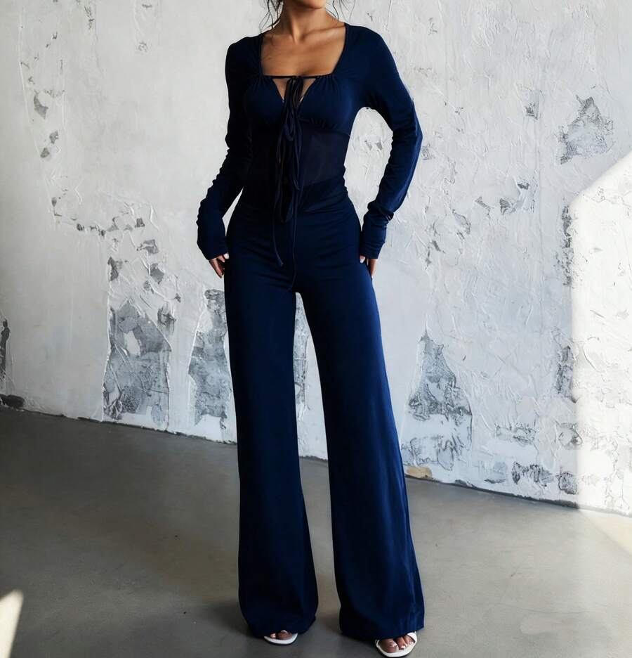 Bộ jumpsuit mùa hè dành cho nữ của Onicee, trang phục ngày Valentine, bộ jumpsuit dài tay cổ chữ V có dây rút thời trang. - Màu xanh hải quân - Xem 1