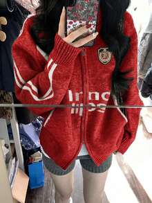 Women's Turndown Collar Zip-Up Cardigan Sweater, New Arrival, Korean Style, Loose Fit, Knitted Jacket, Autumn - Red - View 2
