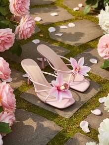 女士尖头花卉装饰细高跟凉鞋，优雅别致，适合通勤、约会、派对、婚礼和日常穿着，百搭连衣裙 - 粉色 - 查看 3