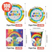 Cloud Rainbow Happy Birthday Disposable Plates, Napkins, Cups - One-Time Party Supplies Set, Fits 25 Guests, Disposable Paper Plates Party Tableware Suitable For Birthday, Wedding, Theme Party, Family Picnic - Multicolor - View 9