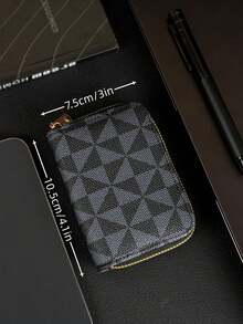 HOVI'S Men Card Holder Black Gray Geometric Pattern Fabric Full Zipper Closure - Multi Card Slots Compact Portable New Year Gift Valentine's Day Gift Valentine'S Day - Black - View 8