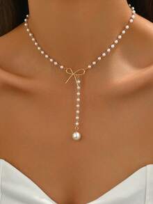 1件简约领结，仿珍珠流苏吊坠项链，简约优雅设计，适合作为女友/情人节/周年纪念礼物