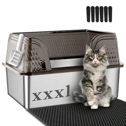 Suhaco - Caja de arena de acero inoxidable con tapa alfombrilla de arena para gatitos y cucharilla de arena incluida de metal de alta cara antideslizante extragrande para gatos negro XXXL