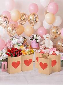1/6/12/20pcs Valentine's Day Gift Bags With Handles, Kraft Paper Heart Shape Pattern, Valentine's Day Small Gifts, Wedding Favor Packaging, Party Supplies - Multicolor - View 3
