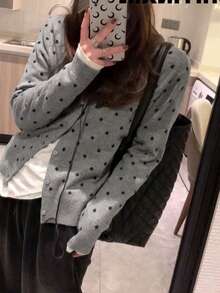 Women Polka Dot Random Print Button Front Cardigan Sweater, Casual Autumn/Winter Tops Vacation - Grey - View 2