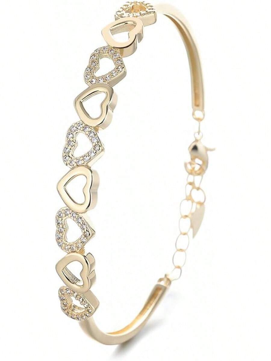 14K Gold Plated Hearts Bangle Adjustable Bracelet With Crystals In 14K Gold - 黃金 - 查看 1