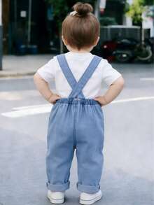 Baby Girls' Heart Print Casual Versatile Denim Bib Pants - Medium Wash - View 8