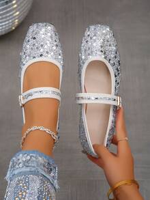 Plus Size EU35-43 Fashionable Sequin Square Toe Flat Shoes, Slip-On Casual Wear, Suitable With Dresses, Multi-Color Pattern Designs, Spring/Autumn - Silver Base-silver Sequins - View 3