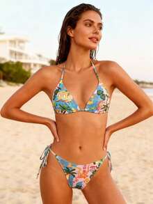 Floral Print Sexy Casual Tie-Back Backless Bikini Set, Suitable For Vacation & Beach, Summer - Mint Blue - View 7