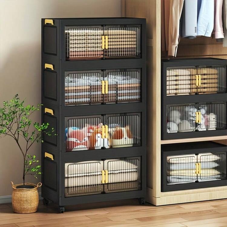 Collapsible Stackable Storage Bins Stackable Storage Containers Aesthetic Home Decor Multi Scene Space Saving Organization Solution Toy Storage Bins For Closet Kitchen Bathroom Office Dorm Garage Travel Foldable Storage System With Lids Versatile Storage Container For Clothes Shoes Books Makeup Office Supplies Room Decoration Essentials - 黑色 - 查看 2