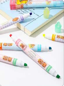 Conjunto de 3 canetas marca-texto fluorescentes de ponta dupla e duas cores, com grande capacidade de carga, ideais para anotações, destaques, desenhos e rabiscos. - Conjunto de 3 peças/6 cores - Ver 6