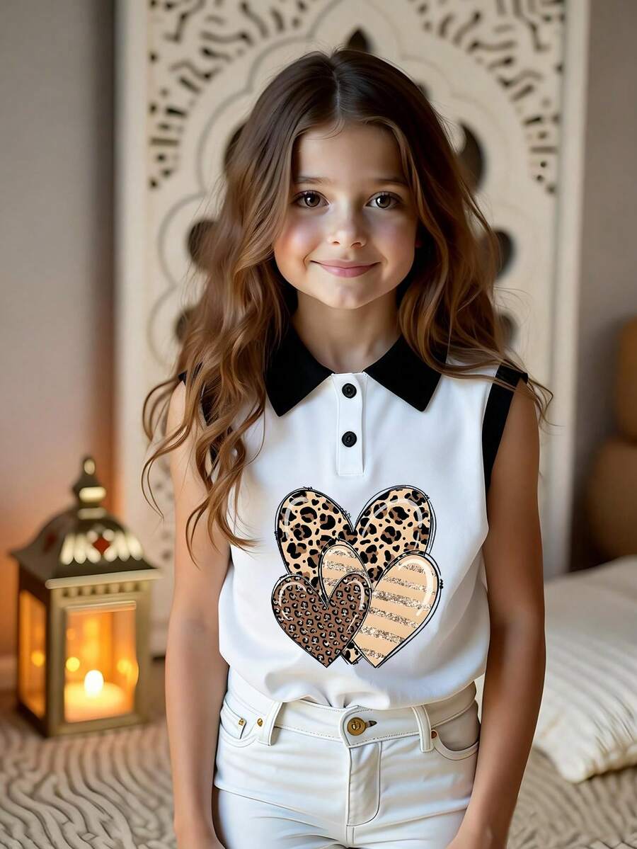 Casual Chic Leopard & Heart Print Polo Collar Tank Top For Girls, New Spring/Summer Collection - White - View 1