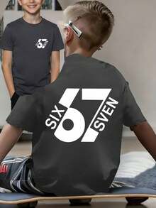 男童“67”趣味数字图案时尚夏季短袖T恤，适合休闲、上学和街头穿着。 - 深灰色 - 查看 5