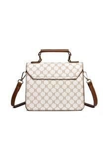 女士手提包 小方肩包 斜挎包 时尚高品质印花包 宽肩带 - 白色 - 查看 4