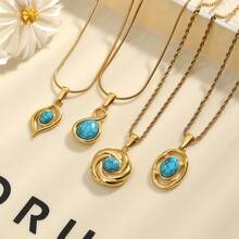 1 pieza de collar de cadena de suéter con colgante de turquesa de acero inoxidable 304 simple, de moda y versátil para mujeres - Dorado - Ver 3