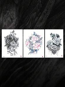 3张花卉链条印花临时纹身贴纸，彩色蛇纹玫瑰花纹身贴纸，适合女性和女孩，可持续3-5天，可遮盖疤痕，适用于腰部、胸部、手臂、腿部或背部，非常适合派对、礼物、度假，易于粘贴和去除的身体艺术纹身贴纸。 - 彩色 - 查看 8