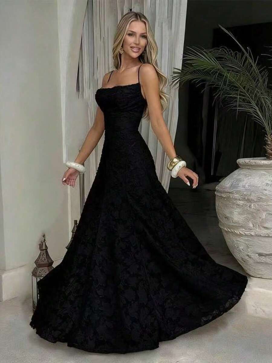 Elegant Women's Backless Long A-Line Knit Dress, Decorated With Spaghetti Straps And Flared Hem, Sleeveless Boat Neck Design Party Wedding Black Spring - Black - View 1