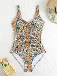 Women's Floral Print Ruffle Trim Fitted One-Piece Swimsuit, Suitable For Beach & Resort Vacation Summer - Ginger - View 3