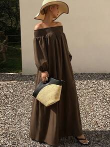 2026 New Arrival Fashion Casual Elegant Off-Shoulder Elastic Neckline Loose Lantern Sleeve Dress, Brown, Suitable For Business Casual, Beach, Wedding Guest, Concert, Party, Spring To Summer - Brown - View 4