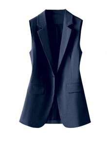 Women's Sleeve Striped Patchwork Single-Button Regular Blazer Vest, Solid Color Pocket Button Office Wear Spring - Navy Blue - View 3