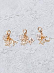 1pc Bohemian Style Gold Letter Keychain With Shell And Starfish Decoration, A-Z Letter Options, Suitable For Holiday And Beach Themes - Multicolor - View 3
