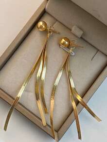 1 par de pendientes de flecos de acero inoxidable dorado, pendientes colgantes elegantes de lujo, pendientes largos adecuados para uso diario y fiestas - Dorado - Ver 5