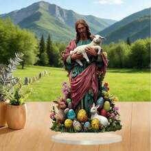 Vintage Acryl Jesus mit Lamm und Hase Figur - Retro Stil Tischdekoration, religiöses Thema, ideales Geschenk zu Ostern und Valentinstag, vielseitige Heimdekoration, ohne Strom - Verschiedenfarbig - Übersicht 3