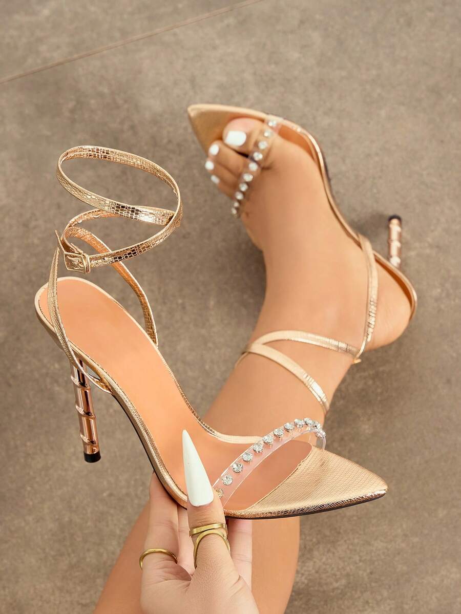 Sepatu Hak Tinggi Wanita, Modis untuk Pesta Musim Semi/Panas, Acara Luar Ruangan, dan Jamuan Elegan. Desain Spiral Unik, Ujung Lancip, Rhinestone Berkilau, Tali Transparan PVC, Tekstur Kadal Misterius, Tali Pergelangan Kaki yang Dapat Diatur, Warna Champagne, Cocok untuk Gaun Formal, Gaun Pesta, dan Acara Lainnya. - Sampanye - View 1