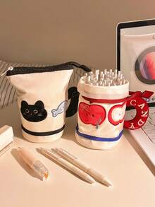 1个苹果造型立式铅笔盒，简约可爱，创意学生文具收纳袋，大容量储物袋 - 彩色 - 查看 3